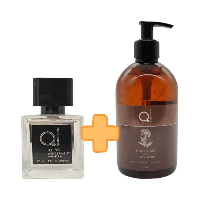 Qure Homme eau de parfum Peppermint Vanilla 50ml + Daily Hair & Body Soap 500 ml (Set) & Δώρο Τσαντάκι Νεσεσέρ Μαύρο