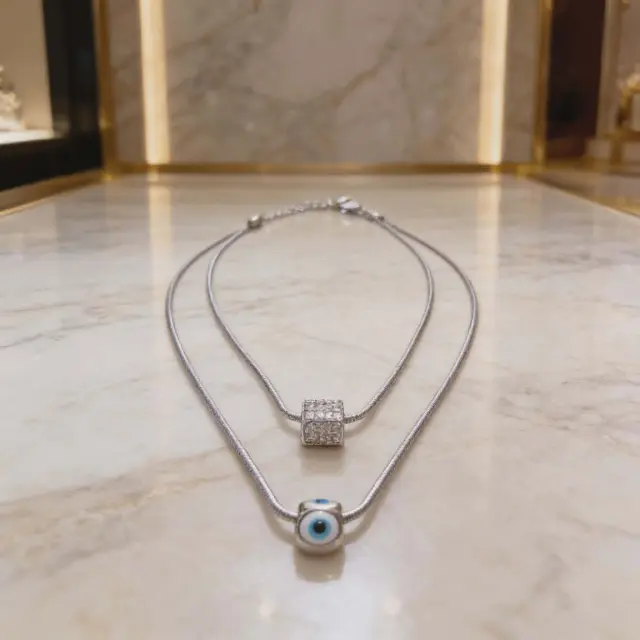 Double Layer Necklace with Evil Eye & Crystal Pendant Silver Stainless Steel