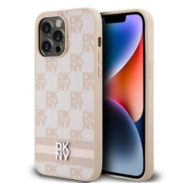 DKNY PU Leather Checkered Pattern and Stripe Case for iPhone 15 Pro Max Pink
