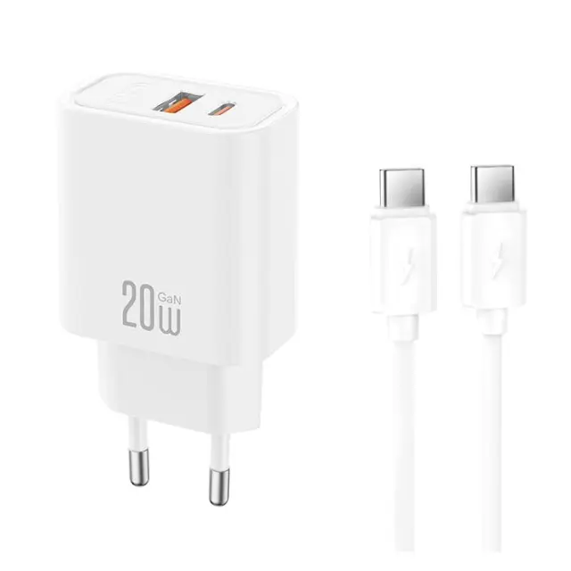 Universal φορτιστής με 2 εξόδους, 1x USB-A & 1x USB-C, 20W με αποσπώμενο καλώδιο USB type-C σε λευκό χρώμα