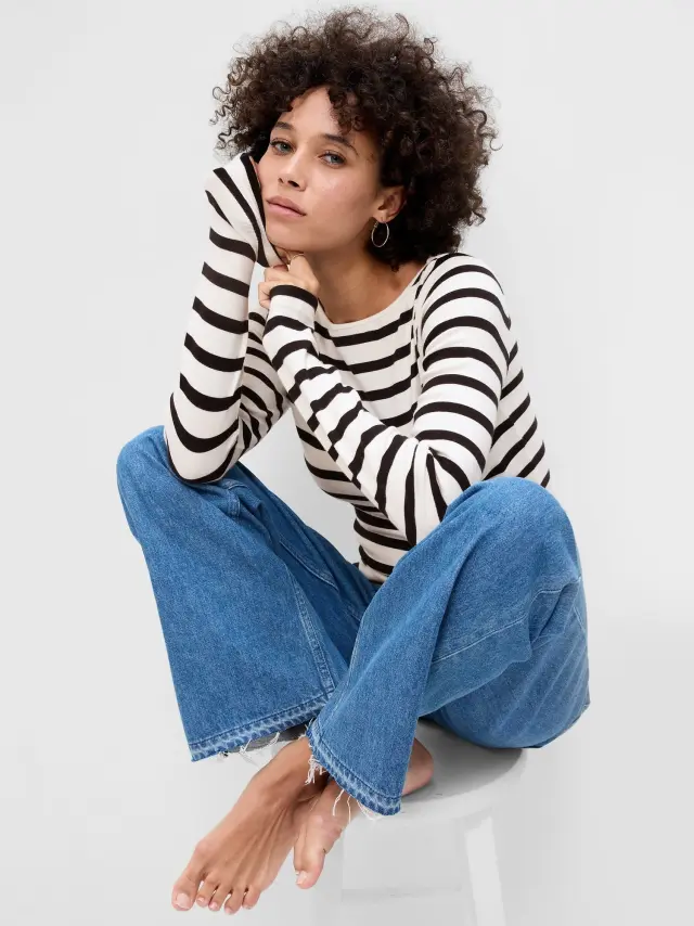 Μαύρη Boatneck Ριγέ Μπλούζα IVORY BLACK STRIPE