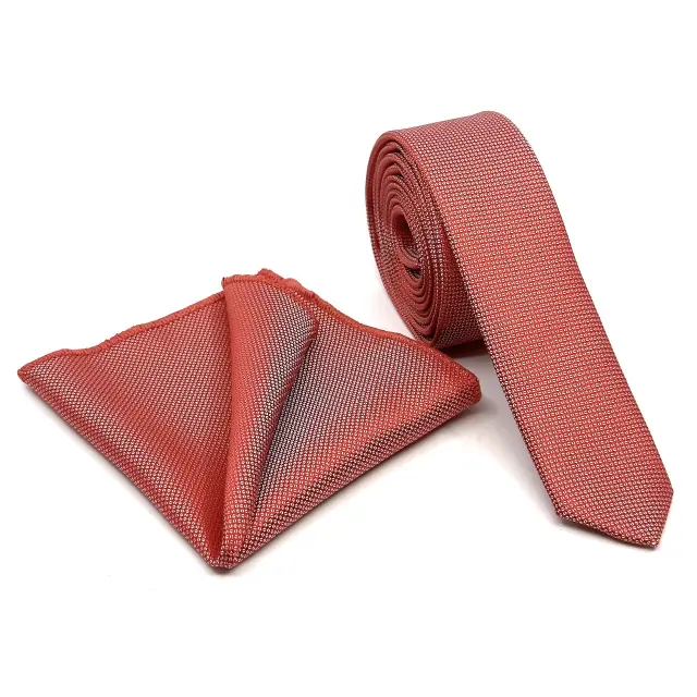 Κοραλί Oxford Γραβάτα Slim 4,5 cm Σετ με Μαντηλάκι