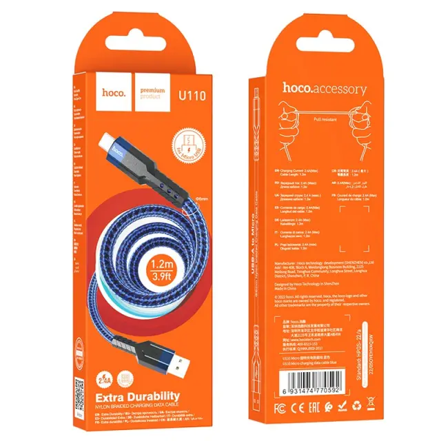 Καλώδιο Σύνδεσης Hoco U110 USB σε Micro-USB 2.4A Υψηλής Αντοχής Braided Μπλε 1.2m 2