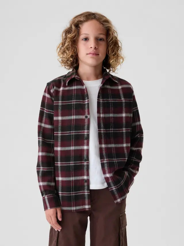 Μπορντό Παιδικό Organic Cotton Flannel Πουκάμισο Burgundy plaid - XS
