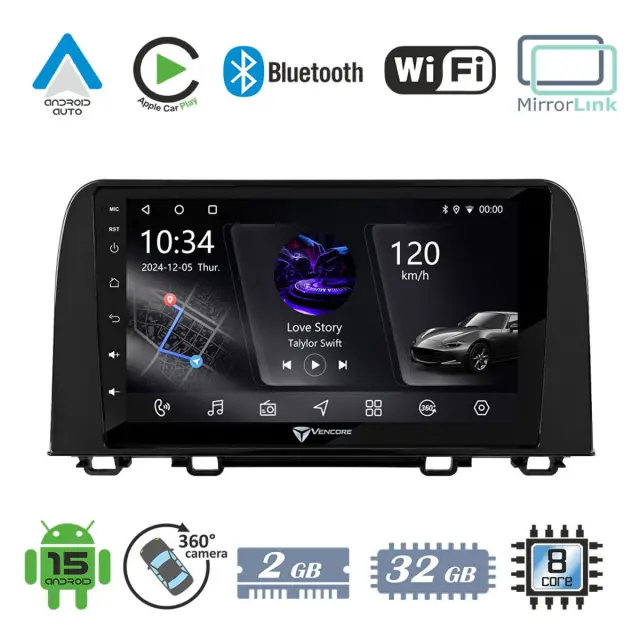 VenCore Οθόνη Multimedia Android 15 9" PX5S Octa-Core 2GB/32GB IPS με Πρόσοψη, CarPlay, Android Auto και Υποστήριξη Κάμερας 360° για Honda CRV 2017-2022 – Μαύρη (3236-10005-0160B)