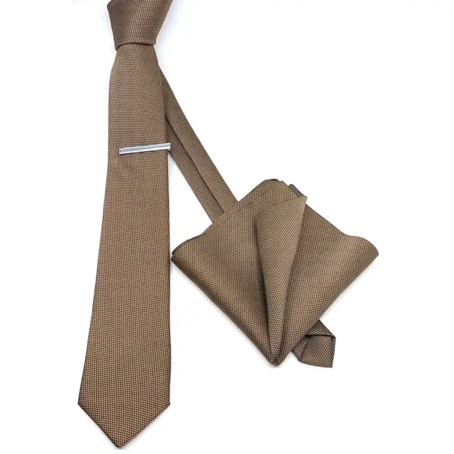Καφέ Light Brown Γραβάτα Oxford 6,5 cm με Ασορτί Μαντήλι 2
