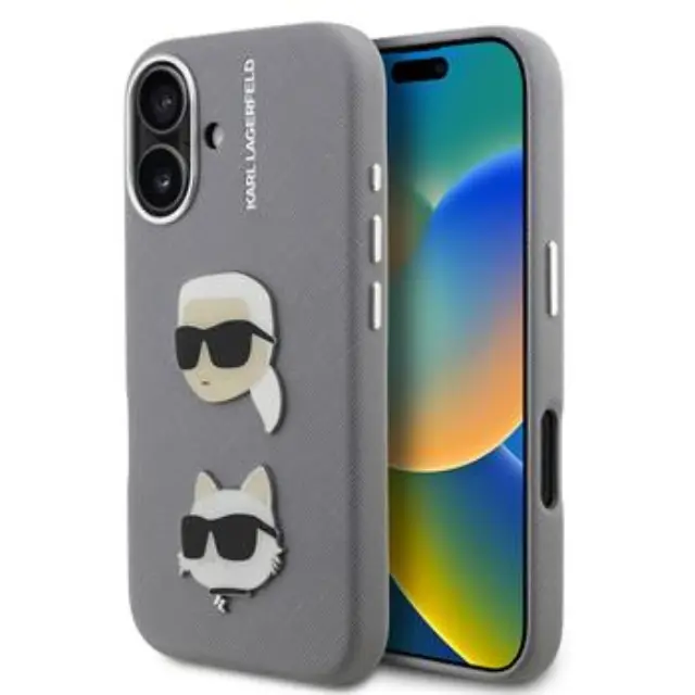 Karl Lagerfeld Grained PU K&CH Heads Case for iPhone 16 Grey