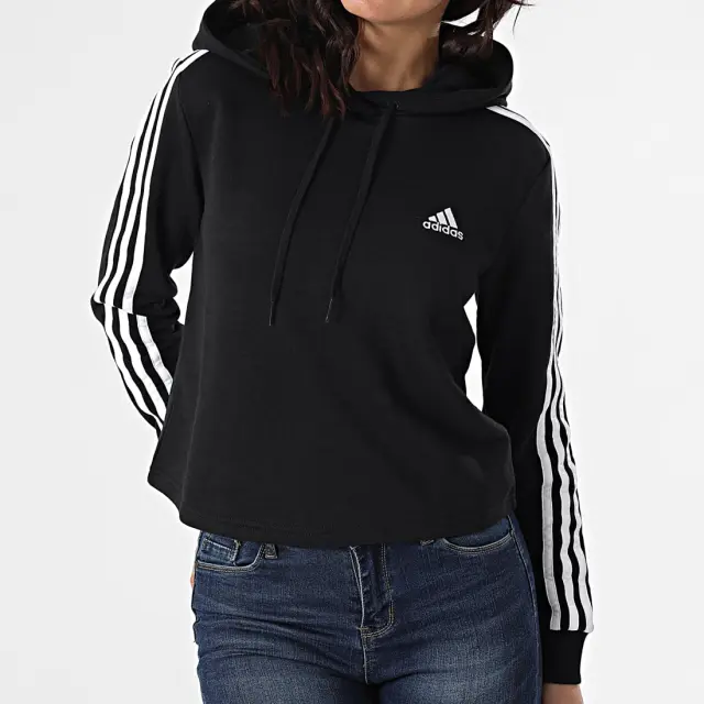 Adidas Essentials 3-Stripes Cropped Γυναικείο Φούτερ με Κουκούλα GM5582 Μαύρο - L 2