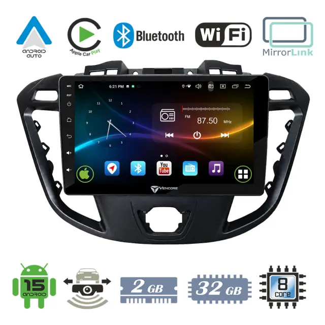 VenCore Οθόνη Multimedia Android 15 9" 9109A MTK6762 Octa-Core 2GB/32GB IPS με Πρόσοψη, CarPlay, Android Auto και Υποστήριξη Κάμερας Οπισθοπορείας AHD για Ford Transit Custom/Tourneo Custom 2013-2018 – Μαύρη (3236-10007-0680B)