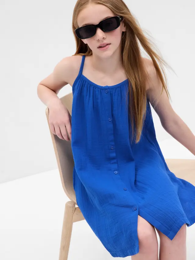 Μπλε Παιδικό Crinkle Gauze Button-Front Φόρεμα admiral blue - XL