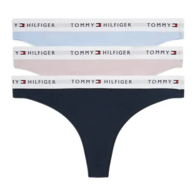 Tommy Hilfiger Γυναικείο String Logo Waistband Stretch Cotton Thongs - Τριπλό Πακέτο, Χρώμα Σκούρο Μπλε-Nude-Γαλάζιο - L