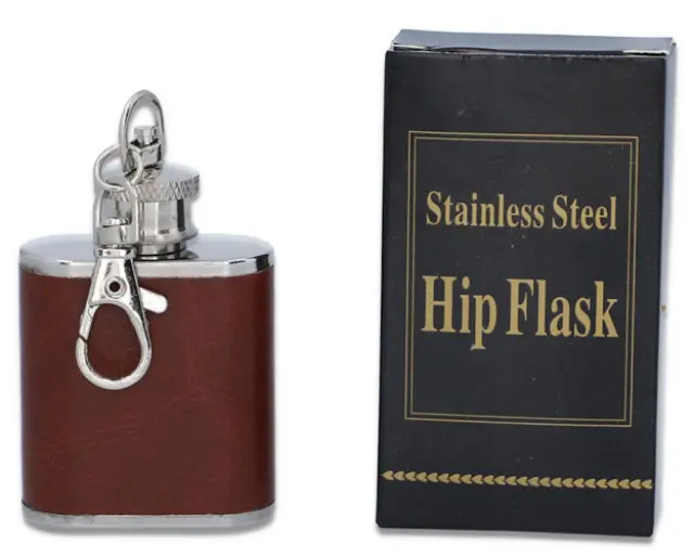 Hip Flask Φλασκί Ποτού Mini Μπρελόκ Τεχνόδερμα Καφέ - 30ml 3