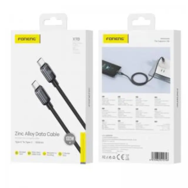 Καλώδιο Σύνδεσης USB 2.0 Foneng X119 Zinc Alloy Head Braided USB C σε USB C 100W 1m Μαύρο N68677 3