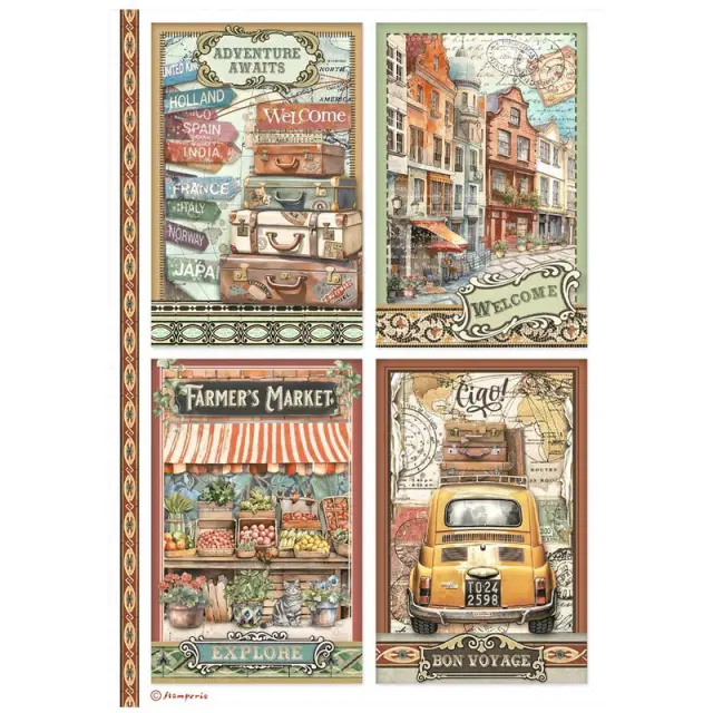 Ριζόχαρτο ντεκουπάζ Stamperia 21x29cm A4, Art of Travelling, 4 Cards