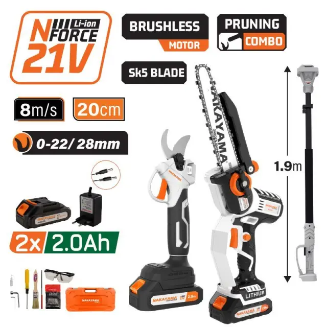 Nakayama Pro EC1221X44T3C - Σετ Αλυσοπρίονο,Ψαλίδι Κλάδου και Προέκταση 1,2-1.9m, Βαλίτσα