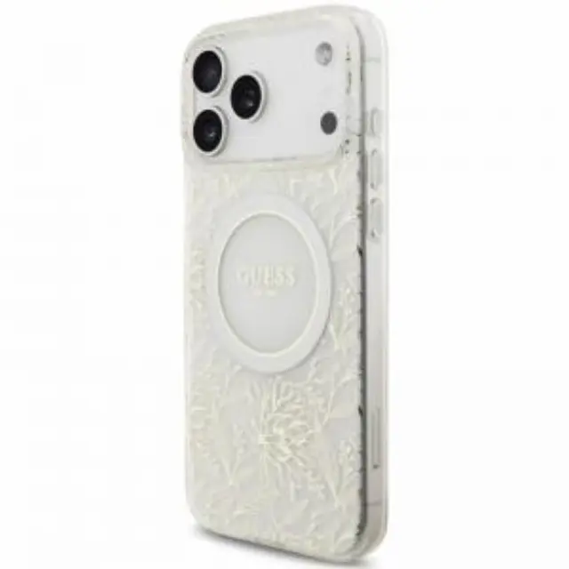 Θήκη PU/ Silicon Guess Apple iPhone 18 Pro Max/ 17 Pro Max Magsafe IML Flowers με Pearl Strap Λευκό N71754 2