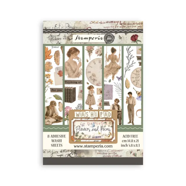 Αυτοκόλλητα Washi pad A5, 8 φύλλα, Flowers and Poems
