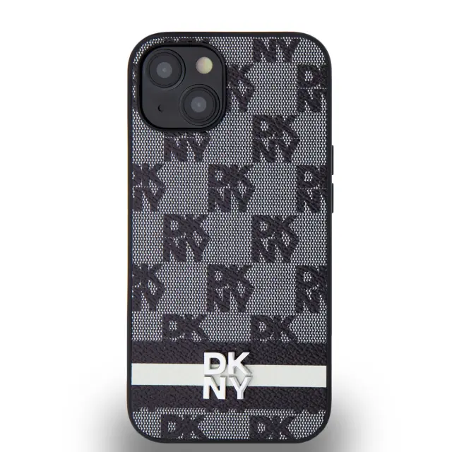 DKNY PU Leather Checkered Pattern and Stripe Case for iPhone 14 Black 2