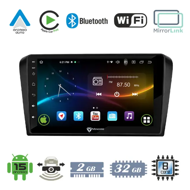 VenCore Οθόνη Multimedia Android 15 9" 9109A MTK6762 Octa-Core 2GB/32GB IPS με Πρόσοψη, CarPlay, Android Auto και Υποστήριξη Κάμερας Οπισθοπορείας AHD για Mazda 3 2004-2009 – Μαύρη (3236-10007-0245B)