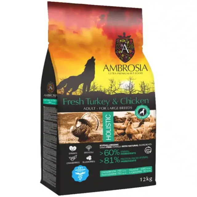 Ambrosia Ξηρά Τροφή για Ενήλικους Σκύλους Γαλοπούλα & Κοτόπουλο 12kg