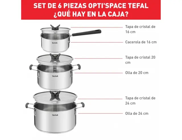 Σετ Μαγειρικά Σκεύη Tefal Optispace G7376S44 με γυάλινο καπάκι από ανοξείδωτο ατσάλι και διαμέτρους 16cm, 20cm και 24cm - 6 τεμάχια G7376S44 2
