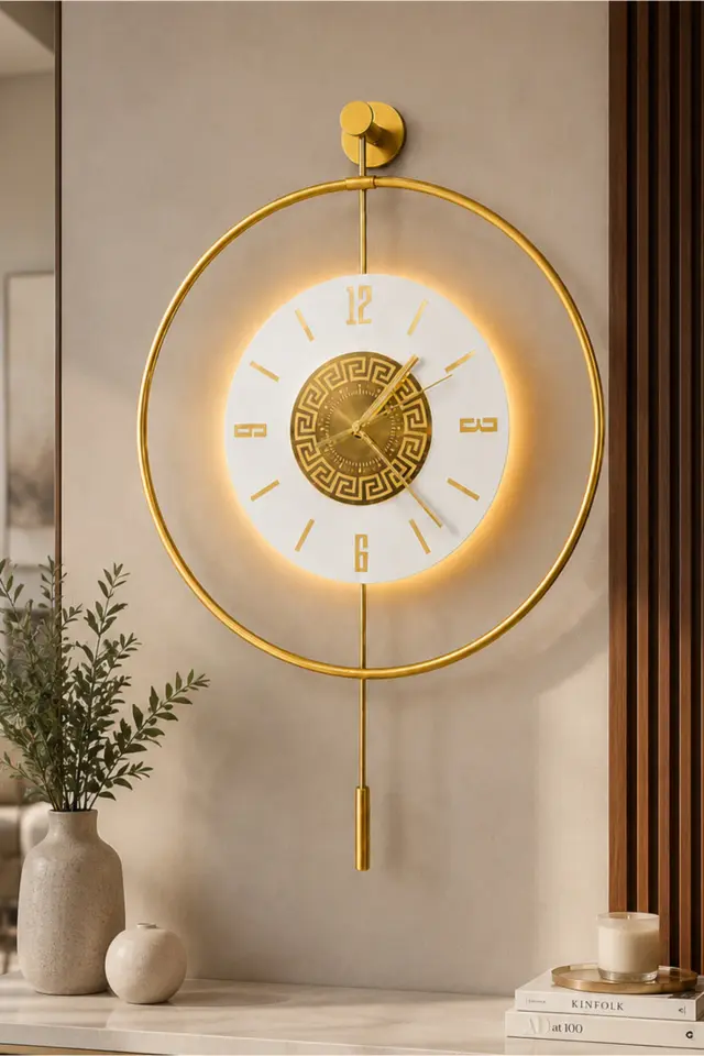 Stewehome Μεταλλικό ρολόι τοίχου με μηχανισμό quartz και φωτισμό LED Χρυσό 50x75 cm 2