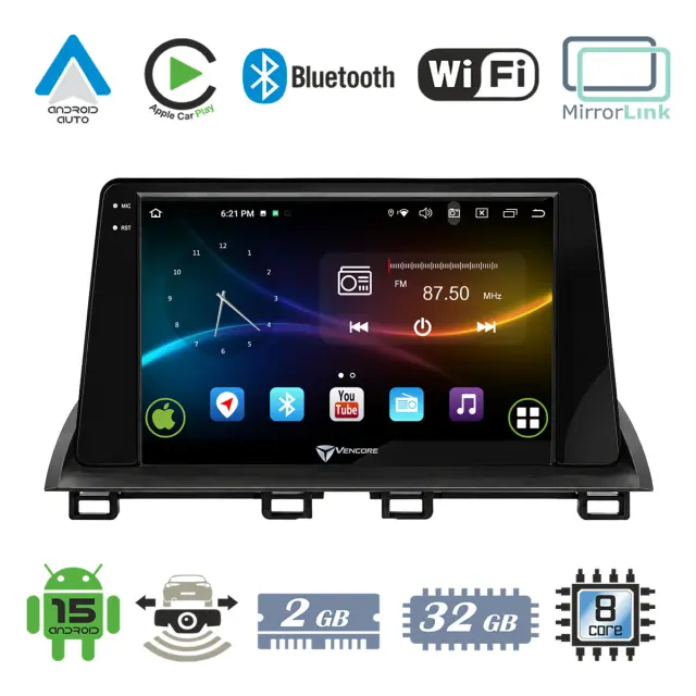 VenCore Οθόνη Multimedia Android 15 9" 9109A MTK6762 Octa-Core 2GB/32GB IPS με Πρόσοψη, CarPlay, Android Auto και Υποστήριξη Κάμερας Οπισθοπορείας AHD για Mazda 3 Axela 2014-2026 – Μαύρη (3236-10007-0138B)