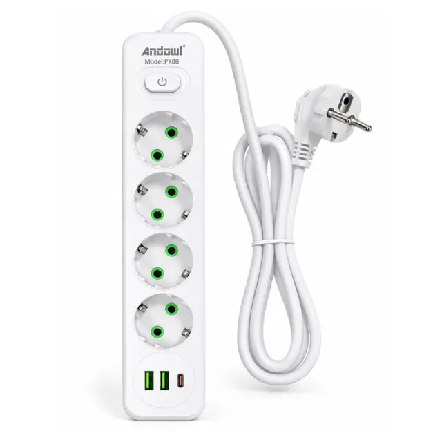 Andowl Πολύπριζο 4 Θέσεων με 2 USB, 1 Type-C, Καλώδιο 2m & Διακόπτη 2500W PX8B – 4-Way Power Strip 0751303 2