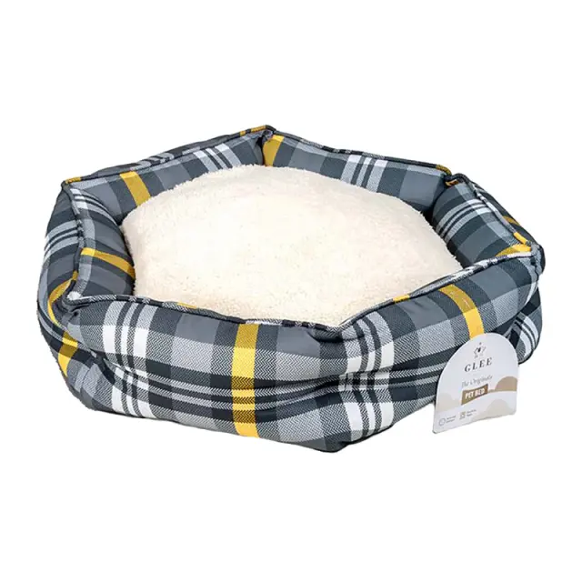 Glee Κρεβατάκι Εξάγωνο Chequered Γκρι-Κίτρινο Small 53x53x18cm