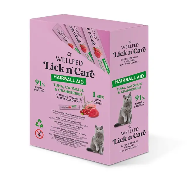 WellFed Lick n Care Hairball Aid Λιχουδιά για Γάτες με Τόνο, Γατόχορτο & Cranberries 15gr