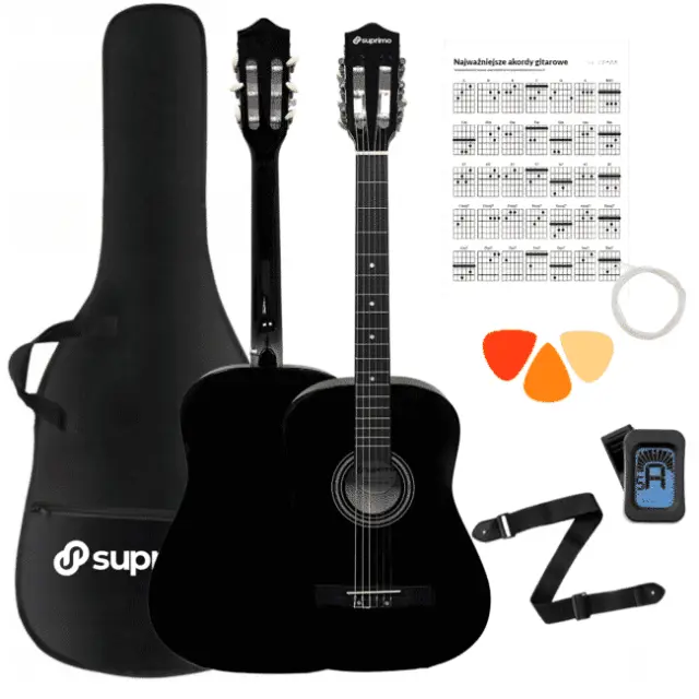 SUPRIMO CGS3 BK classical guitar 4/4 black to learn for beginners tuner picks strap spare strings gig bag chords set