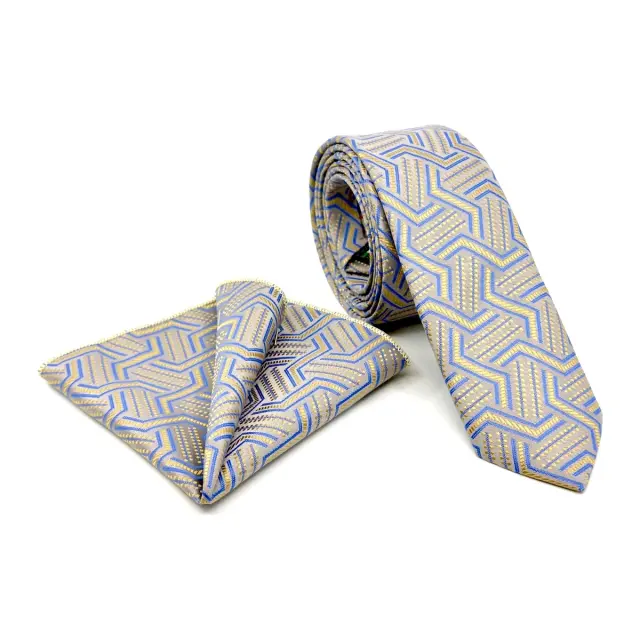 Γκρι–Χρυσαφί Σχεδιαστική Γραβάτα Microfiber Σετ με Μαντήλι 6,5 cm 3