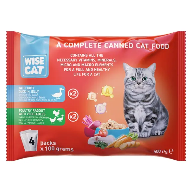 Wise Cat With Juicy Duck In Jelly & Poultry Ragout With Vegetables 4x100gr