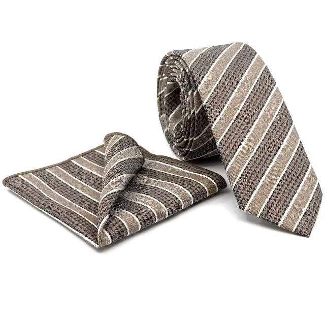 Μπεζ Ριγέ Γραβάτα Microfiber Σετ με Μαντήλι Σχέδιο 276