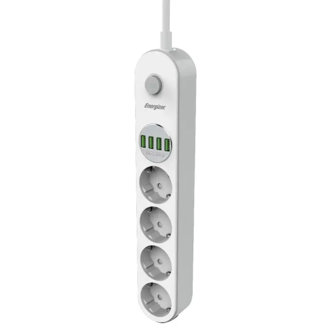 Πολύπριζο Energizer EPB2500W00EU με 4 Θύρες Σούκο 2500W 10A Max, 4xUSB-A Θύρες 17W και Διακόπτη Ασφαλείας On/Off Καλώδιο 2m Λευκό 3