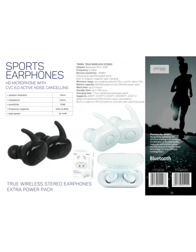 FREESTYLE BLUETOOTH V5.0 EARPHONES SPORT + CHARGING STATION FS1083 WHITE