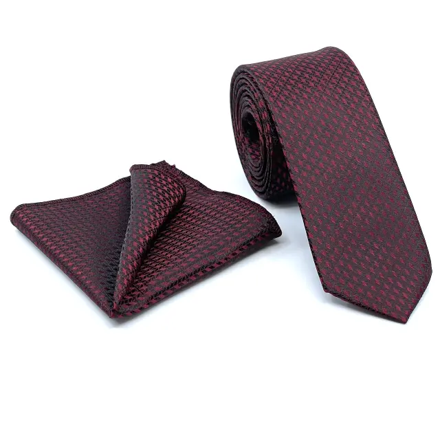 Μαύρο Μπορντό Ζακάρ Γραβάτα Microfiber Σετ με Μαντηλάκι