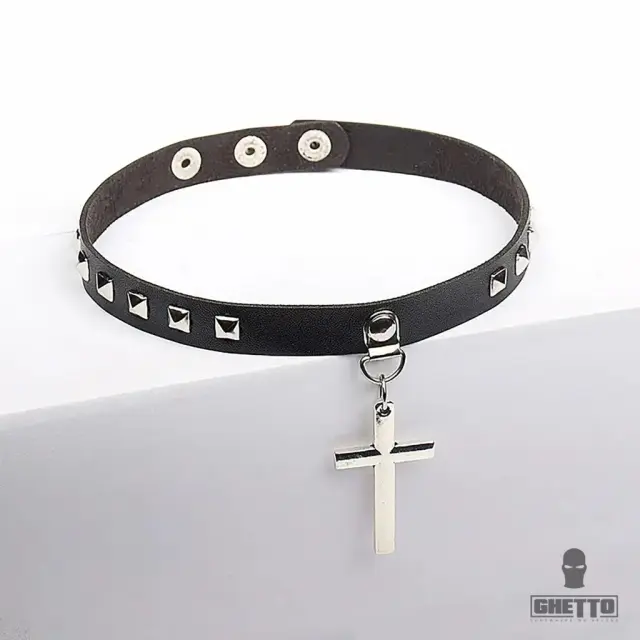 Ghetto Punk Leather Choker Large Cross Jewellery Pendant Necklace 2