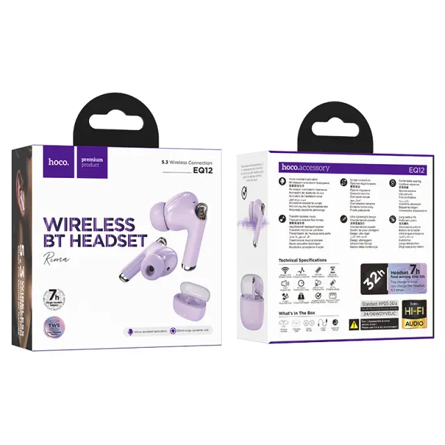 Wireless Hands Free Hoco EQ12 Rima TWS V5.3 350mAh 7 Ώρες Λειτουργίας με Πλήκτρο Ελέγχου και Συμβατό με Siri Μωβ 2