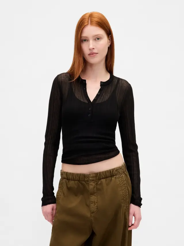 Διάφανο Ριμπ Henley Πουλόβερ Black