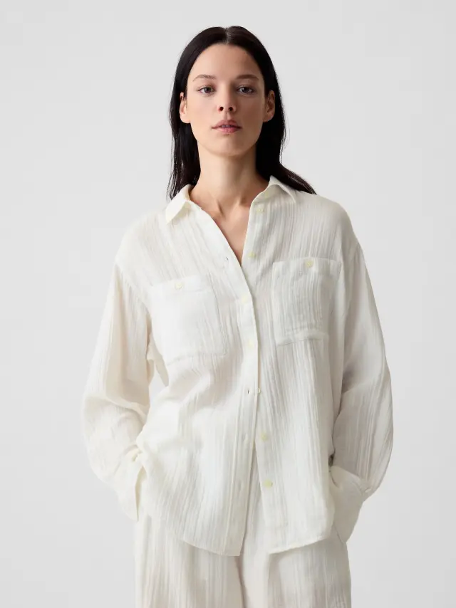 Άσπρο Crinkle Gauze Big Πουκάμισο new off white - M