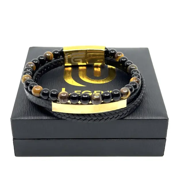 Μαύρο Χρυσαφί Δερμάτινο Βραχιόλι Tiger Eye 2