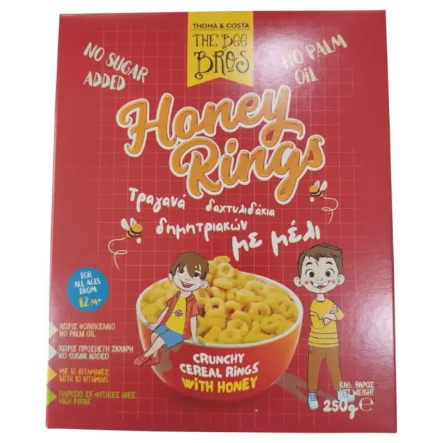 Δαχτυλίδια δημητριακών με μέλι, Honey Rings, Χωρίς Ζάχαρη, The Bee Bros, 250γρ