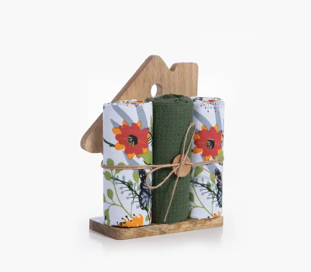 Nef-Nef Homeware Ξύλινο Σπίτι Με Ποτηρόπανο Σετ 3 τεμ. House 40x70 Πράσινο