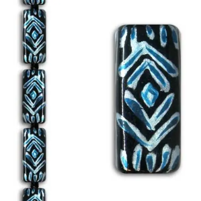 Χάντρα Γυάλινη Βαμμένη στο Χέρι - Black/Aqua Rectangle 24x11mm ~6τεμ