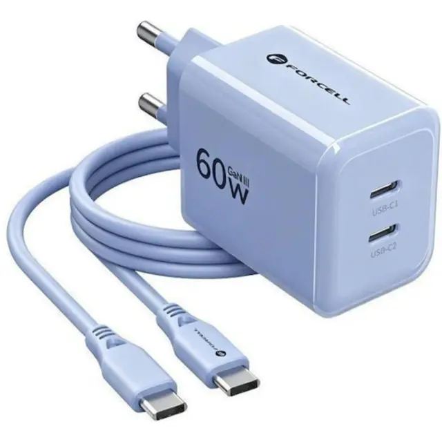 Phone charger Forcell GaN III r 2x USB C AVS SSFC3.0 60W + cable USB C to USB C VT-60 ligth blue 2