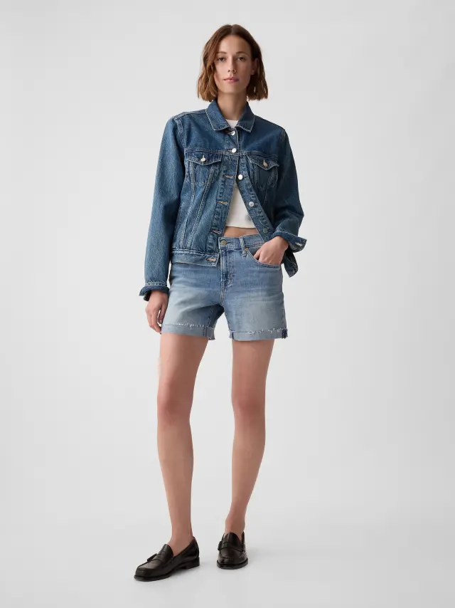 Μπλε 5ίντσες Mid Rise Denim Girlfriend Σορτς με Washwell Medium wash