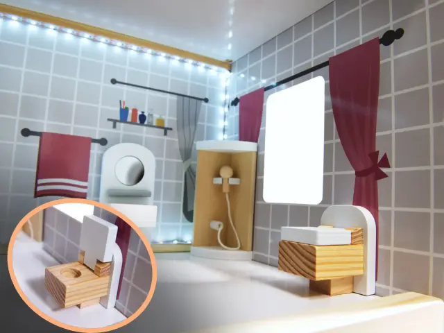 Ξύλινο κουκλόσπιτο με έπιπλα & φωτισμό LED 78cm 2