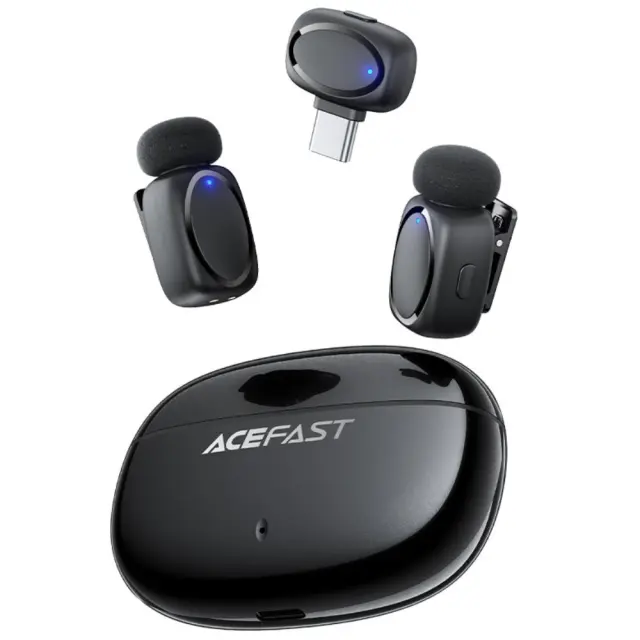 Σετ 2 Μικρόφωνα Πέτου Lavalier Acefast R2 HD Μείωση Θορύβου, Ακτίνα 15m και 20hr Διάρκεια Μπαταρίας με USB-C Transmitter και Θήκη Φόρτισης Μαύρο
