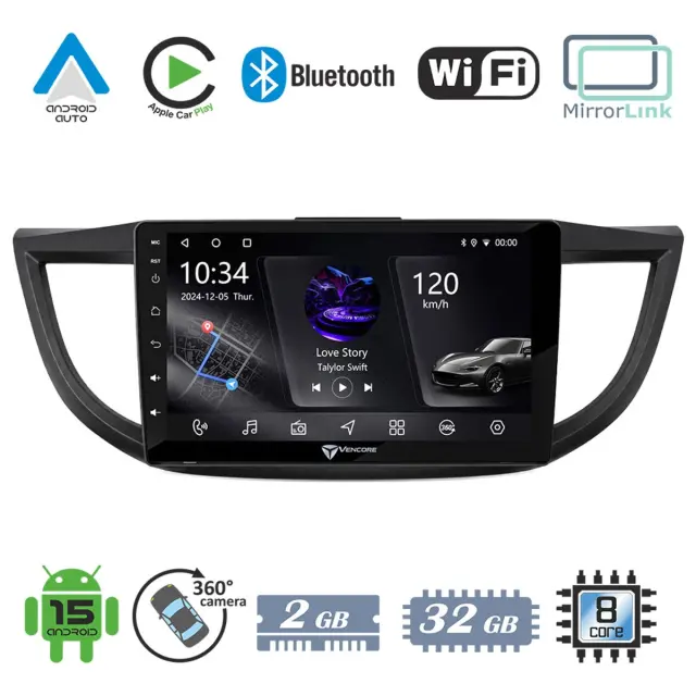 VenCore Οθόνη Multimedia Android 15 10" PX5S Octa-Core 2GB/32GB IPS με Πρόσοψη, CarPlay, Android Auto και Υποστήριξη Κάμερας 360° για Honda CRV 2012-2017 – Μαύρη (3236-10006-0012B)